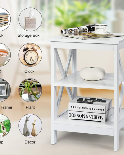Nightstand 3-Tier X-Design W/Storage Shelves and Stable Structure Storage Organizer Display Sofa Side Table