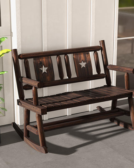 Giantex Outdoor Rocking Bench, Patio Loveseat Rocker for 2 w/Ergonomic Back & Log Arms, Carbonized Fir Wood Frame