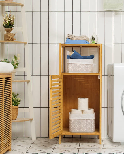 Giantex Bathroom Floor Cabinet, Bamboo Storage Cabinet w/Single Door & Open Shelves
