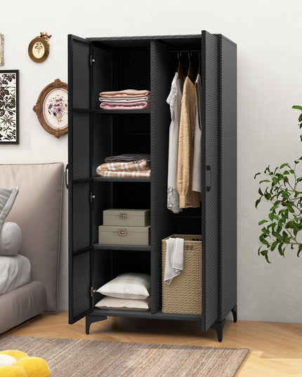 Giantex Wicker Storage Cabinet, 62” Tall Pantry Cabinet with 2 Doors, Hanging Rod, 4 Storage Cubes