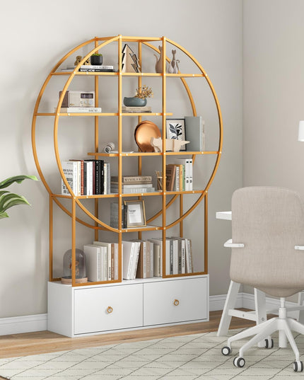 Giantex 6-Tier Round Bookshelf with 2 Drawers