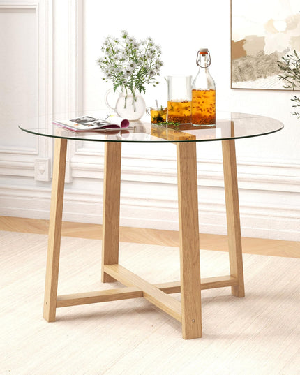Giantex 42” Round Dining Table for 4, Kitchen Table with 0.3” Tempered Glass Tabletop, Rubber Wood Legs