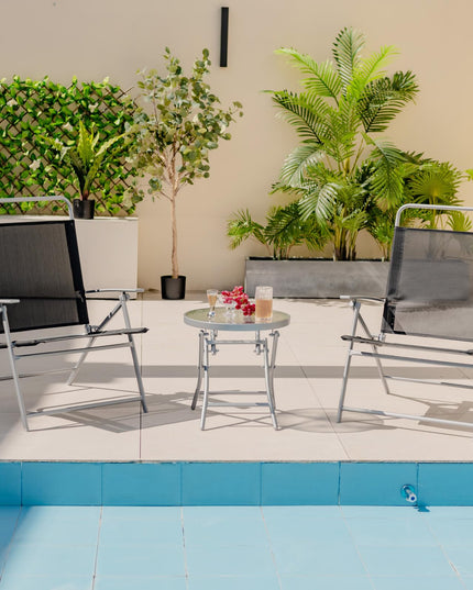 Giantex 3PCS Patio Bistro Set, Folding Outdoor Patio Table Set with 2 Foldable Chairs, 1 Ripple-Like Glass Table