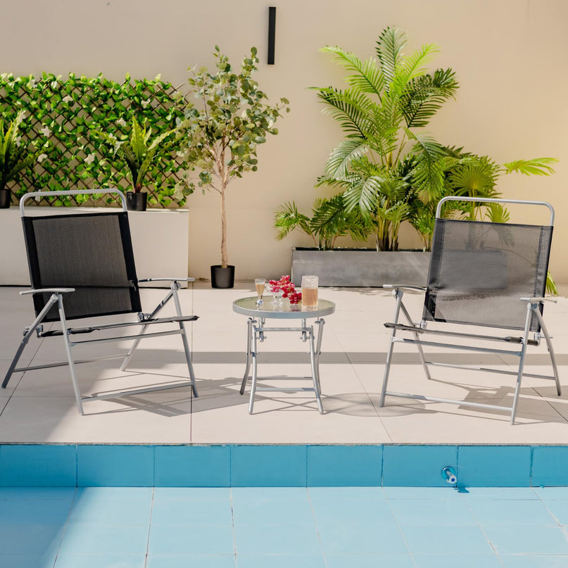 Giantex 3PCS Patio Bistro Set, Folding Outdoor Patio Table Set with 2 Foldable Chairs, 1 Ripple-Like Glass Table