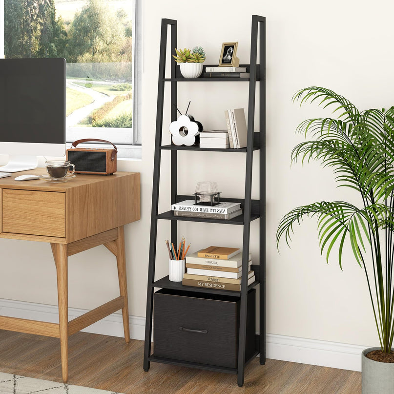 Giantex Modern Freestanding 5-Tier Ladder Bookshelf with Removable Fabric Drawer