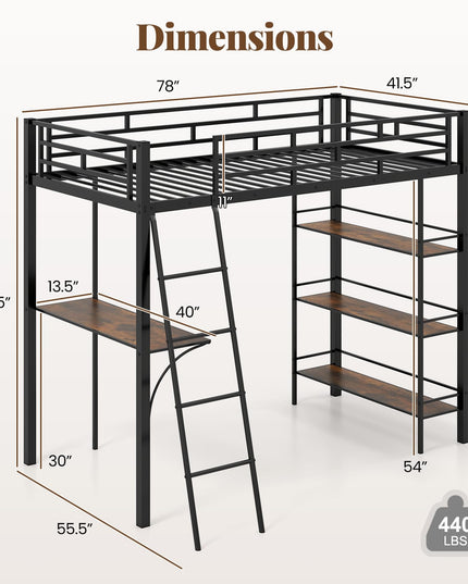Giantex Twin Size Loft Bed with Desk & Shelves