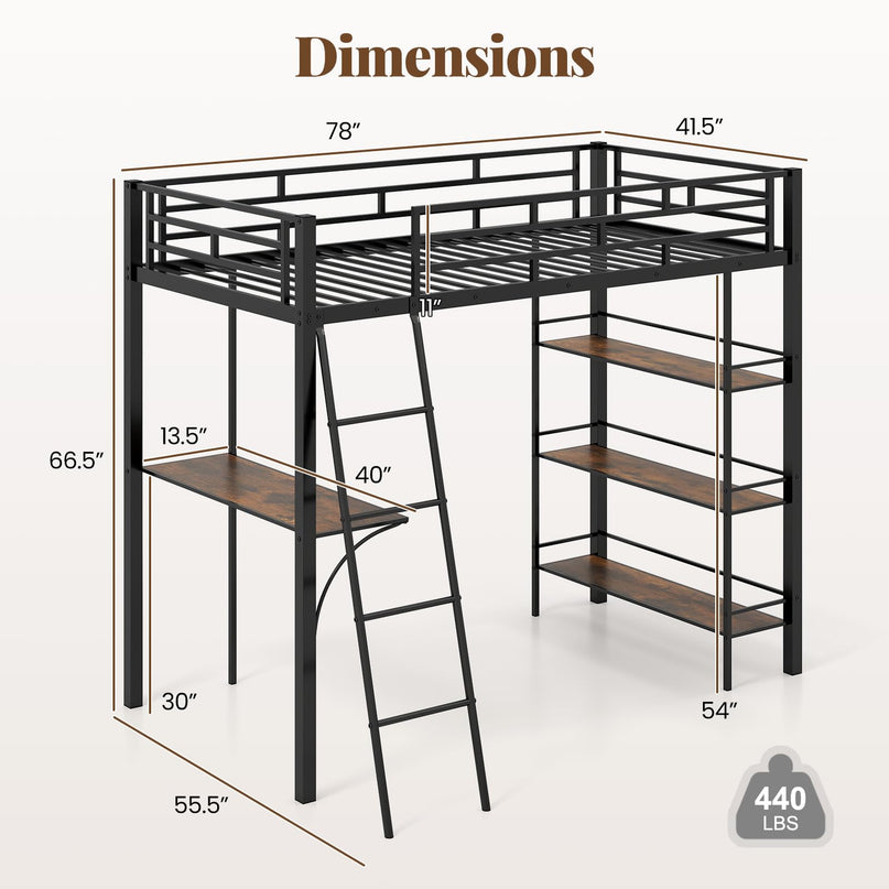 Giantex Twin Size Loft Bed with Desk & Shelves