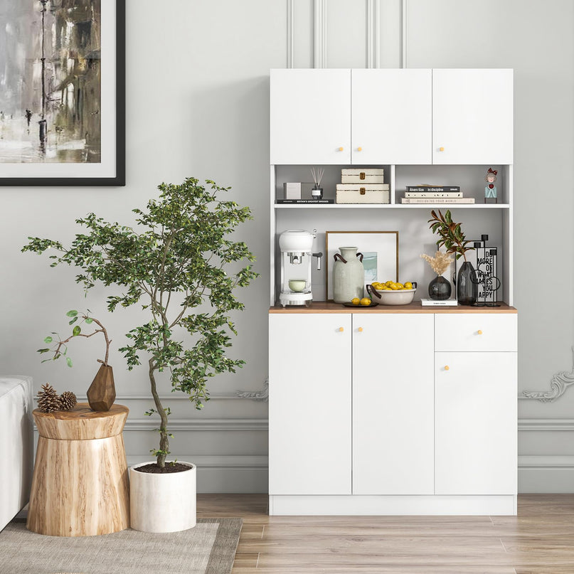 Giantex Kitchen Pantry Cabinet, 71” Tall Buffet Cabinet with Hutch, Built-in Power Outlet