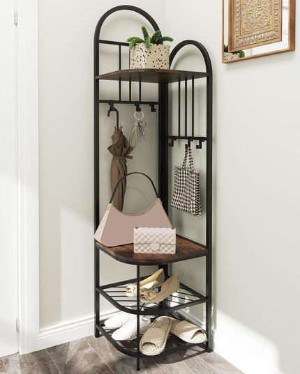 Giantex Corner Hall Tree, 71" Corner Coat Rack w/Shoe Storage Bench, 6 Removable Hooks, 4-Tier Entryway Shoes Shelf Organizer