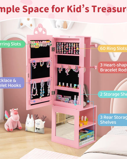 CHARMAID Kids Mirror Jewelry Cabinet - 47" Standing Jewelry Armoire with Full Length Mirror