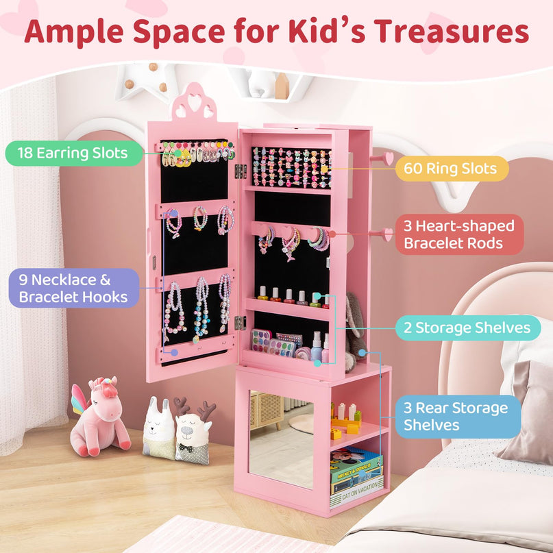 CHARMAID Kids Mirror Jewelry Cabinet - 47" Standing Jewelry Armoire with Full Length Mirror