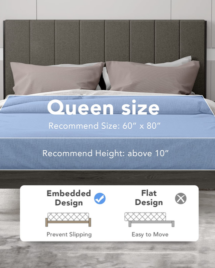 Wooden Slats Support Queen Mattress Foundation with Tufted Headboard, Grey