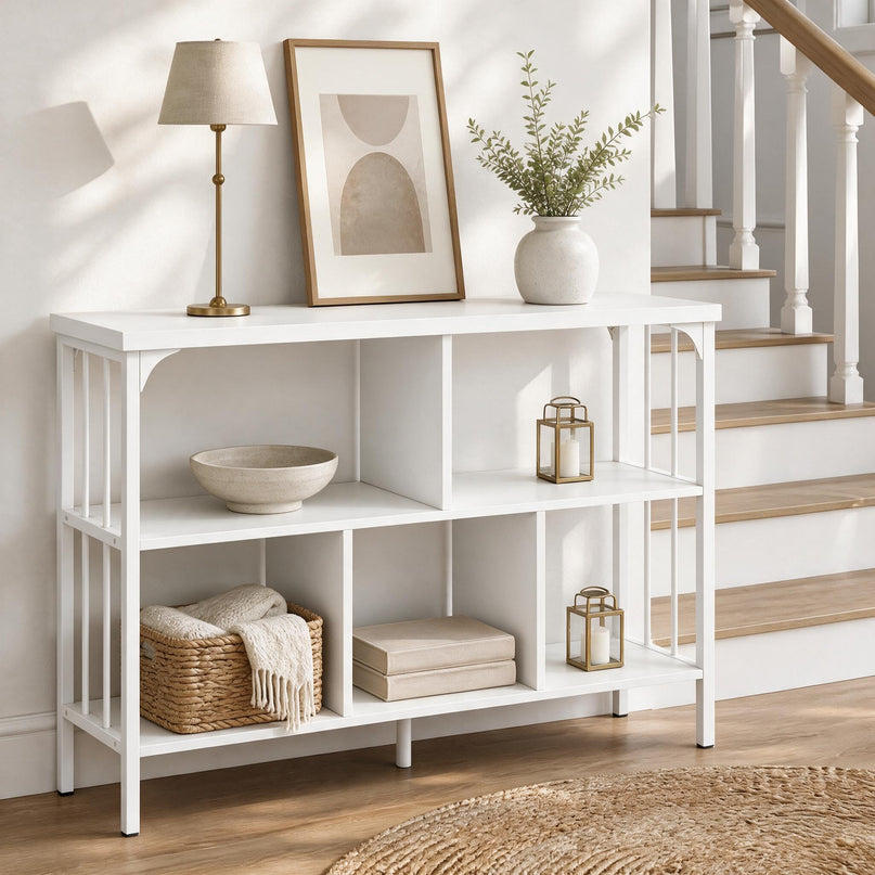 GIANTEX 3-Tier Industrial Low Wide Bookshelf w/ 5 Cube Storage Organizer
