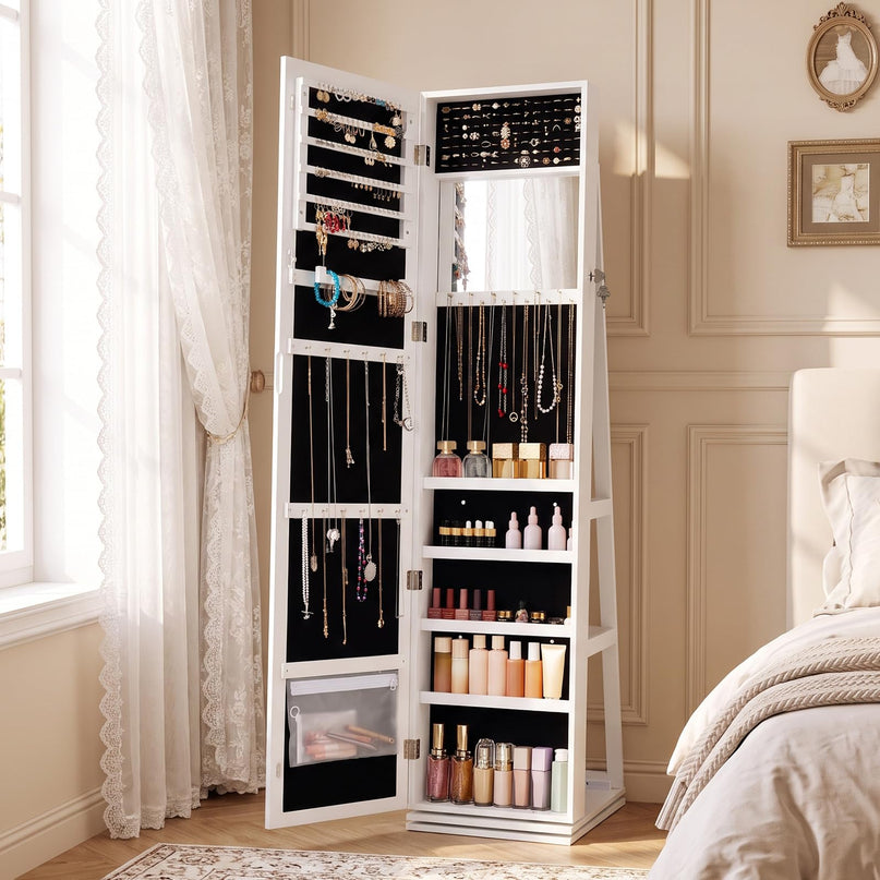 CHARMAID Lockable Standing Swivel Jewelry Armoire with Full Length Mirror
