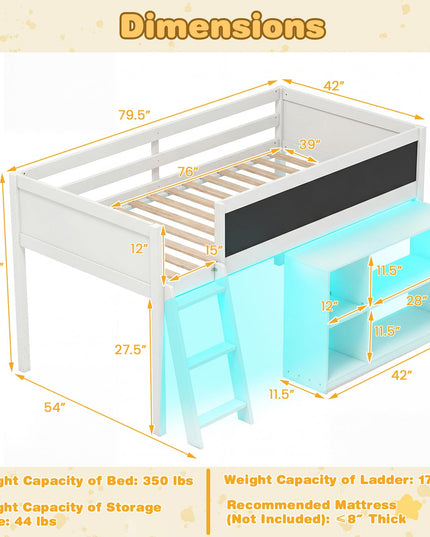 Lit mezzanine bas Giantex pour lit jumeau avec lumières LED, bibliothèque amovible et espace de rangement sous le lit