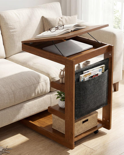Giantex C-Shaped End Table with Wheels Adjustable Desktop Edge Stopper & 3 Storage Shelves