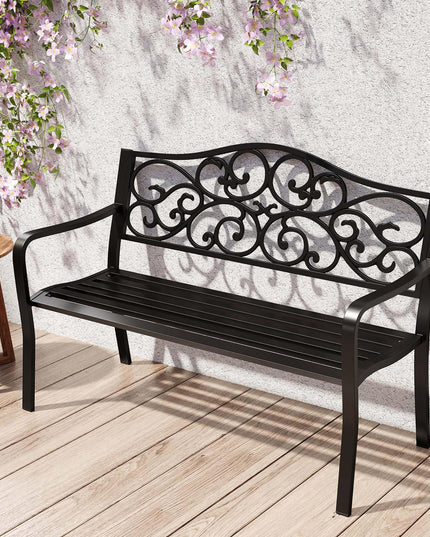 Giantex Outdoor Bench with Floral Pattern Ergonomic Backrest & Slatted Surface