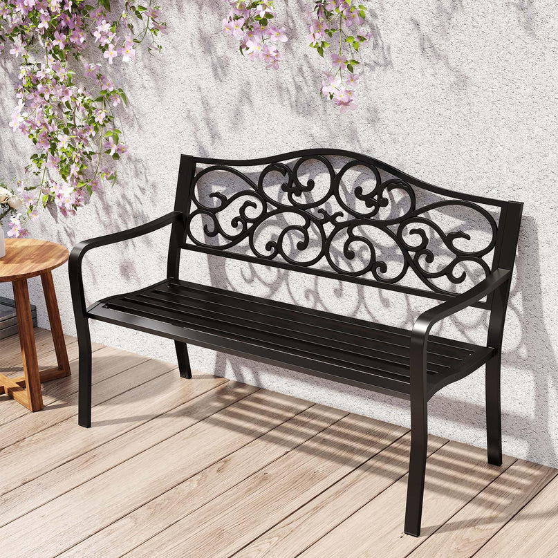 Giantex Outdoor Bench with Floral Pattern Ergonomic Backrest & Slatted Surface