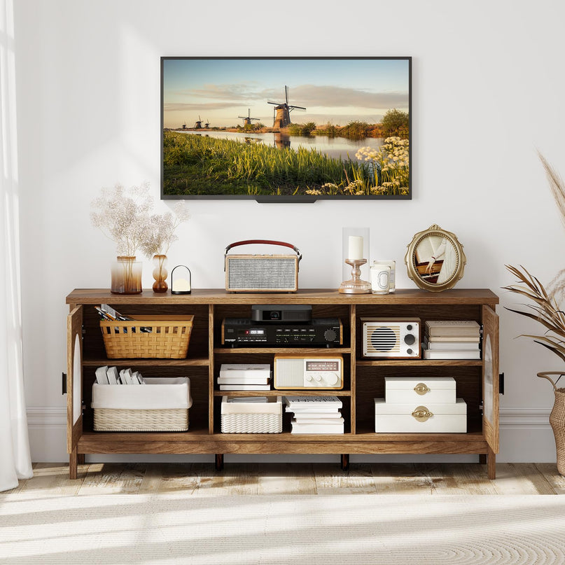 Giantex Farmhouse TV Stand for TVs up to 65" Modern Vintage Entertainment Center(Arched Glass)