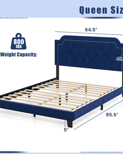 Giantex Velvet Queen Size Bed Frame, Upholstered Platform Bed with Button Tufted & Nailhead Trim Headboard