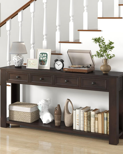 Giantex 63" Farmhouse Entryway Table, Narrow Console Table w/ 4 Storage Drawers & Open Shelf