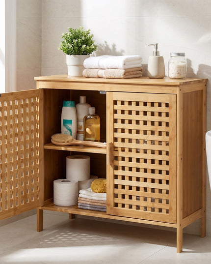 Giantex Freestanding Bamboo Bathroom Storage Cabinet with 2 Doors