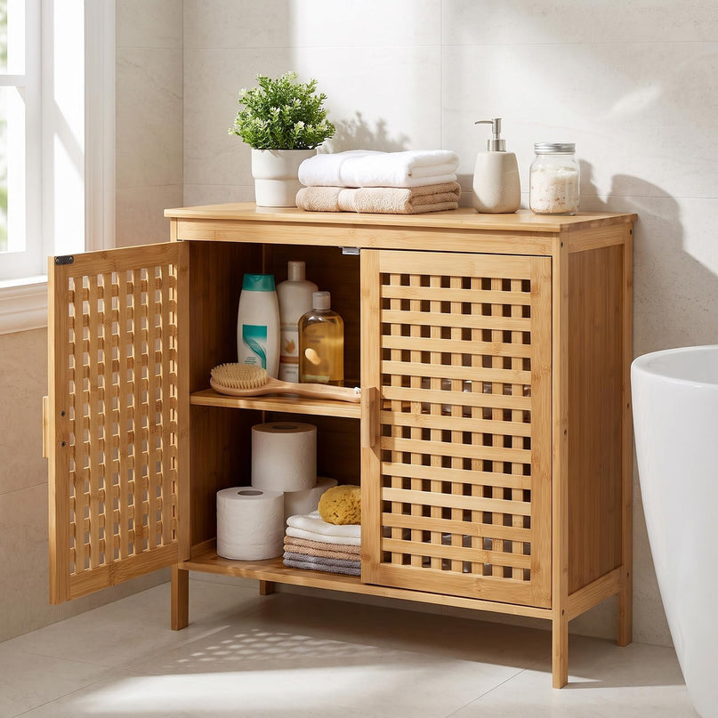 Giantex Freestanding Bamboo Bathroom Storage Cabinet with 2 Doors