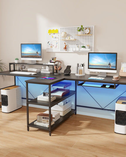 Giantex 94.5” 2 Person Desk with LED Lights, Long PC Study Desk with Storage Shelves, Power Outlets