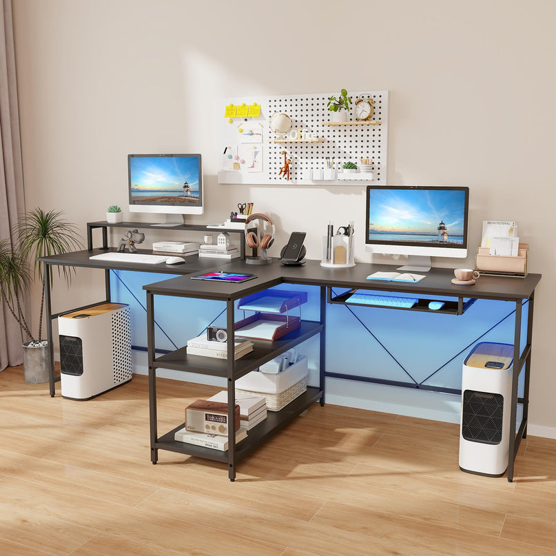Giantex 94.5” 2 Person Desk with LED Lights, Long PC Study Desk with Storage Shelves, Power Outlets