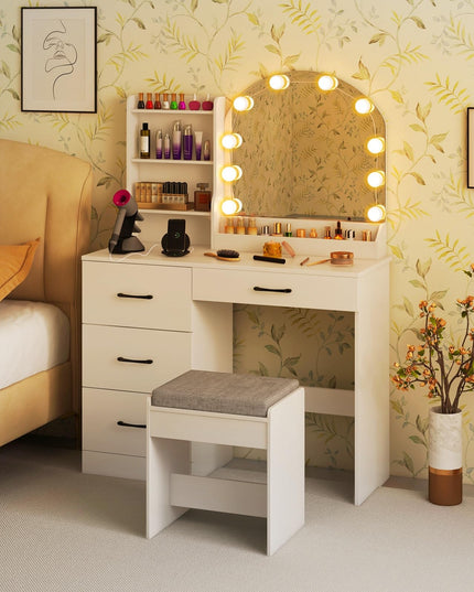 Vanity Desk with Lights - Makeup Vanity Table with Charging Station, 4 Drawers, 3 Storage Shelves