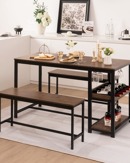 Giantex 3-Piece Dining Table Set for 4, Rustic Kitchen Dinner Table with 2 Benches