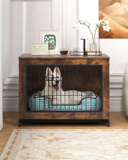 Giantex Dog Crate Furniture - Dog Kennel Side Table with Double Doors & Removable Pull-Out Tray
