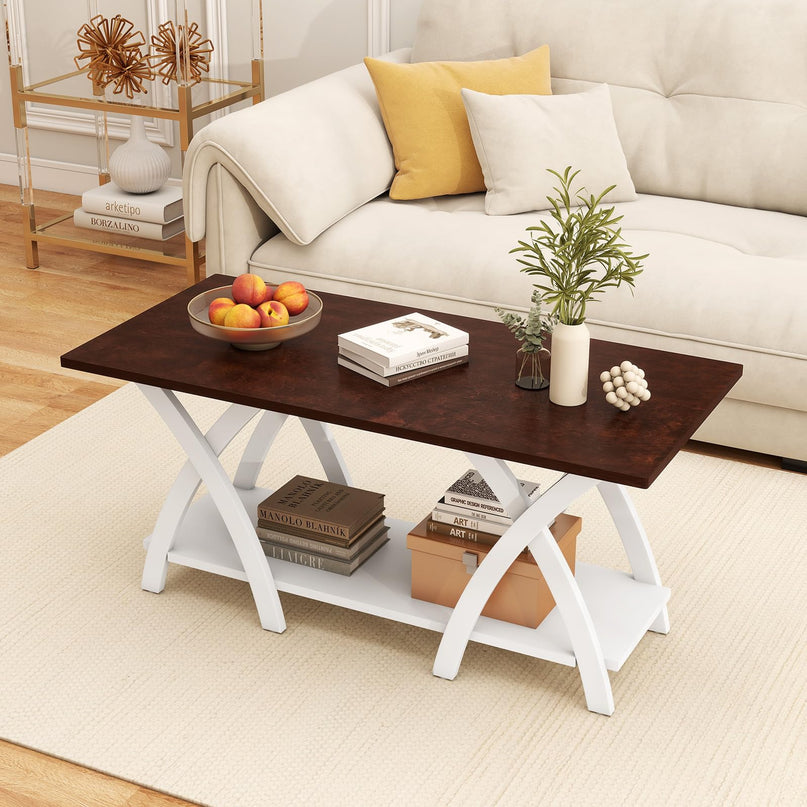 Giantex 2 Tier Wood Center Table with Storage Shelf & X Shaped Support Legs