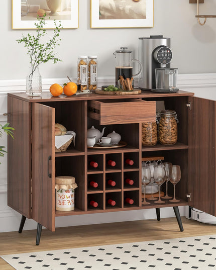 Giantex Bar Cabinet with Storage, Farmhouse Wood Buffet Sideboard, 9-Bottle Wine Rack, Drawer