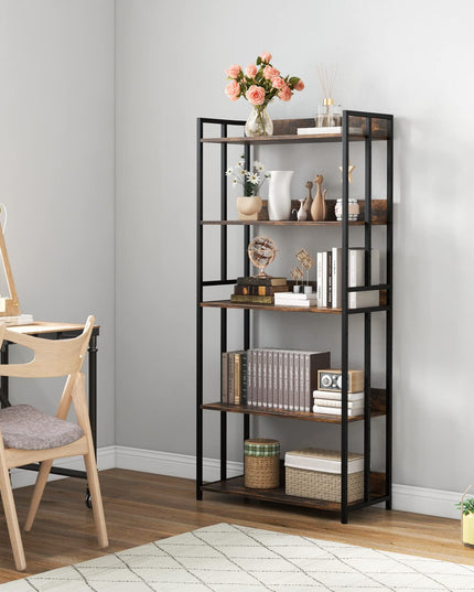 Giantex 5-Tier Industrial Bookshelf Rustic Brown - Metal Frame 61" Tall