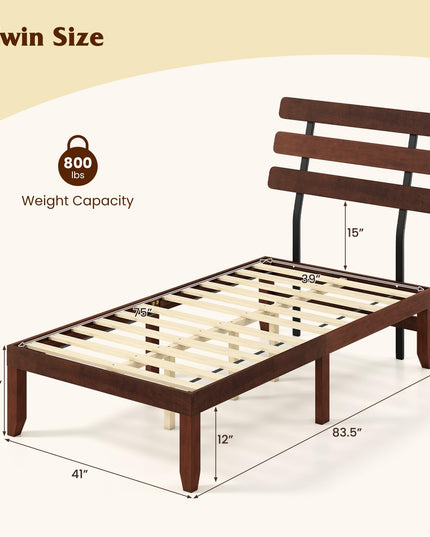 Giantex Mid-Century Modern Solid Wood Platform Bed with Wooden Slats Support & Retro Headboard