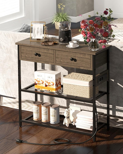 Giantex Console Table with Outlets - 3-Tier Entryway Table w/USB Ports, 2 Storage Drawers