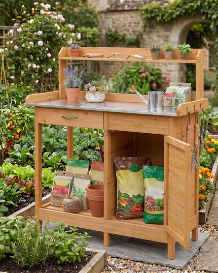 Giantex Potting Bench Table with Storage Cabinet & Drawer