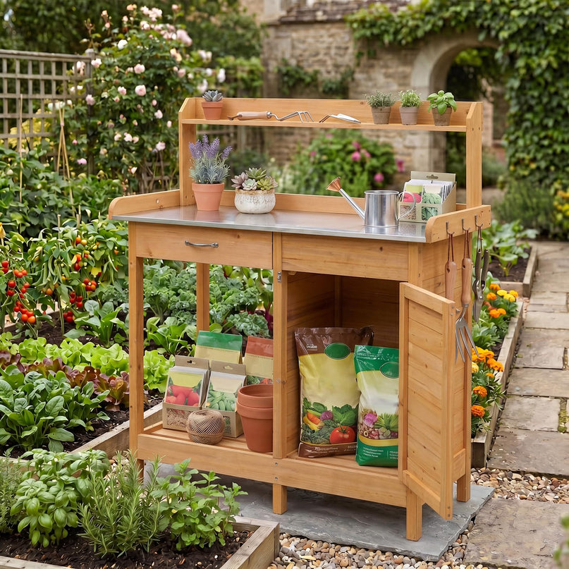 Giantex Potting Bench Table with Storage Cabinet & Drawer