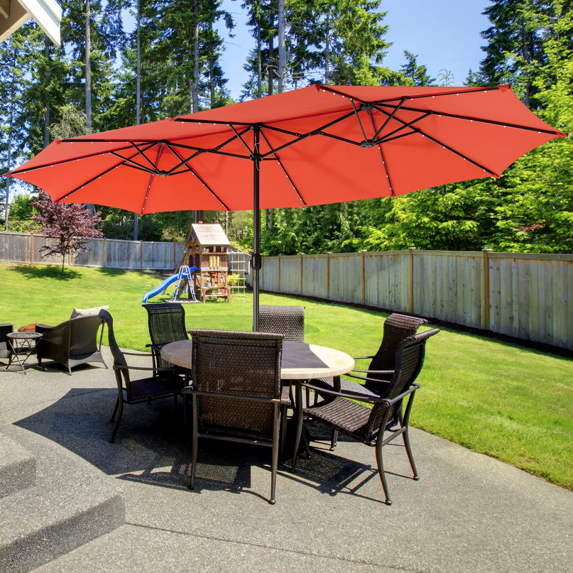 15ft Large Outdoor Umbrella Double-Sided, 48 Solar Lights, Auto-Charging Solar Panel