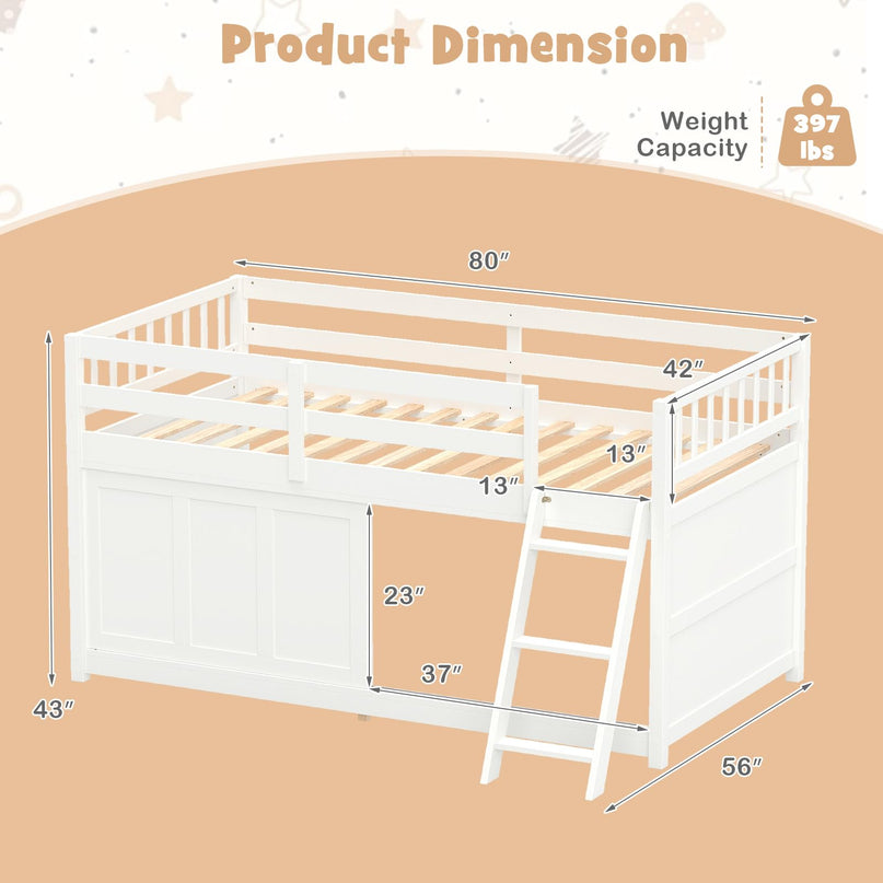GIANTEX Wooden Low Loft Bed Twin Size with Spacious Under-Bed Play Space