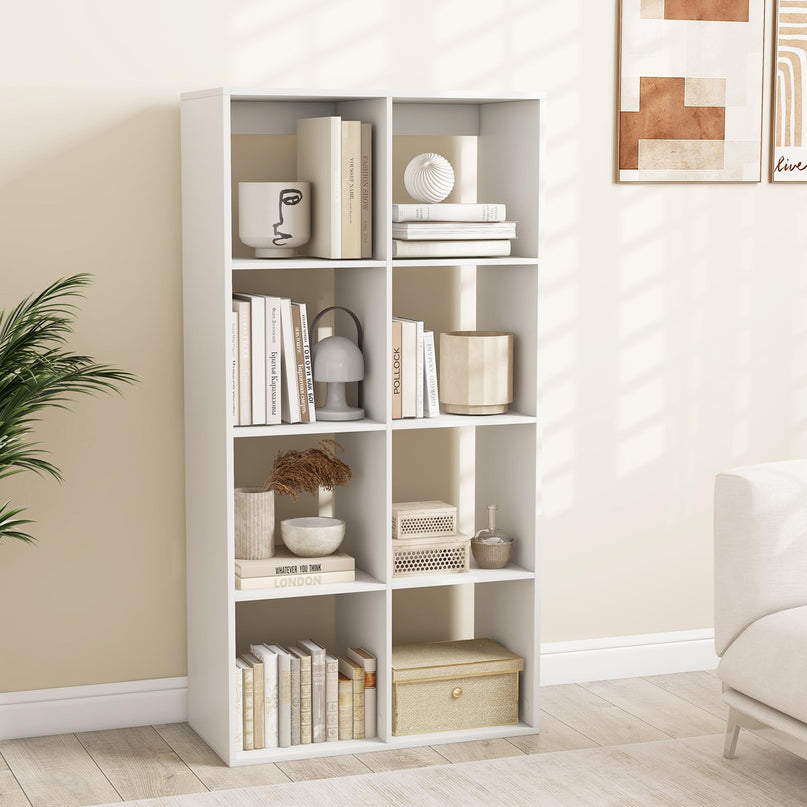 Giantex 8-Cube Bookcase, White Cubby Bookshelf w/Back Guardrail & Anti-Tipping Kits