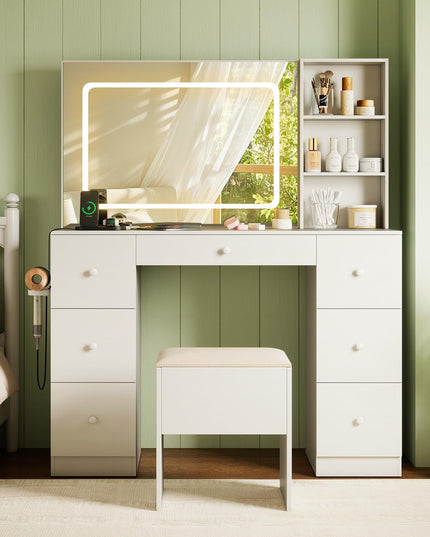 Large Vanity Desk with Lighted Mirror for Bedroom