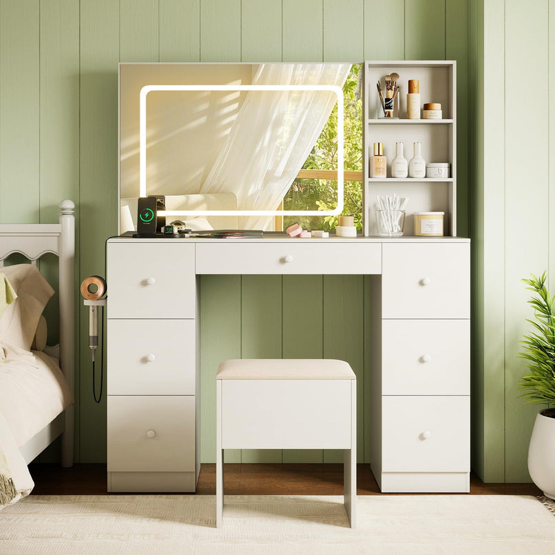 Large Vanity Desk with Lighted Mirror for Bedroom