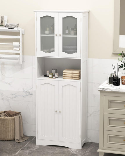 Giantex 64.5" Tall Bathroom Cabinet, Pantry Cabinet with Tempered Glass Doors, Adjustable Shelves