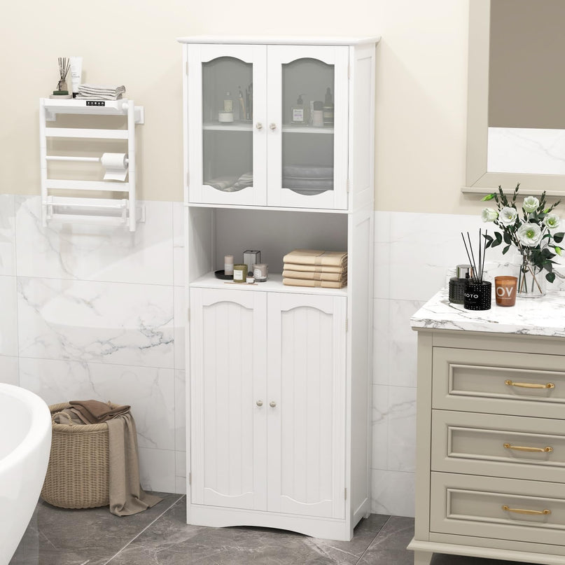 Giantex 64.5" Tall Bathroom Cabinet, Pantry Cabinet with Tempered Glass Doors, Adjustable Shelves