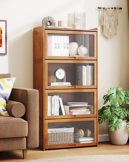 Giantex 4-Tier Bookcase with Clear Doors, 55" Bamboo Bookshelf with Flip-up Acrylic Doors, Freestanding Cube Storage Organizer with Shelves