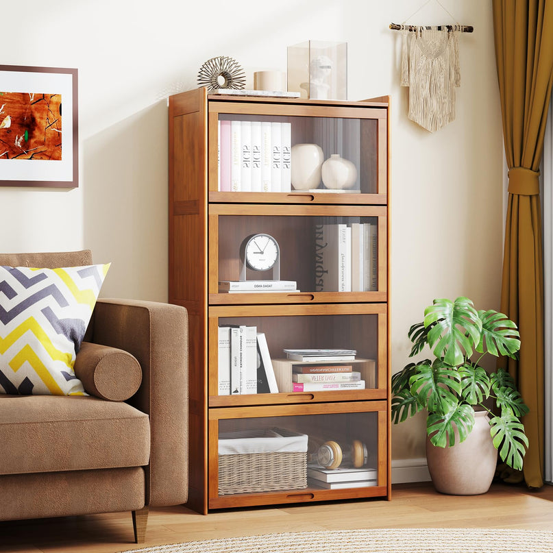 Giantex 4-Tier Bookcase with Clear Doors, 55" Bamboo Bookshelf with Flip-up Acrylic Doors, Freestanding Cube Storage Organizer with Shelves