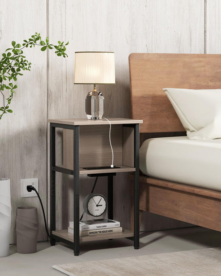 Giantex Nightstand with Charging Station, 3-Tier End Table with USB Ports & Power Outlets