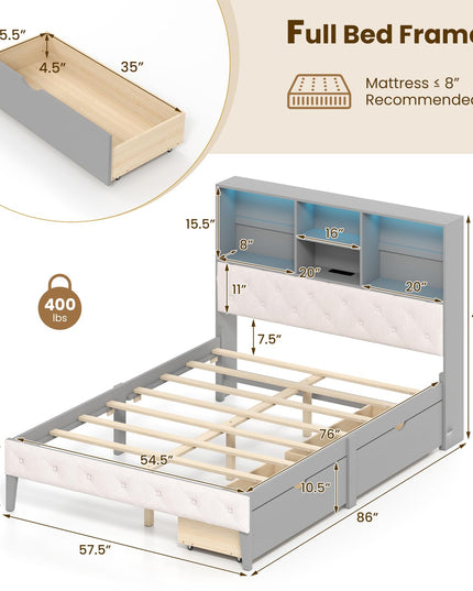 Giantex Gray Full Size Bed Frame with Upholstered Bookcase Headboard